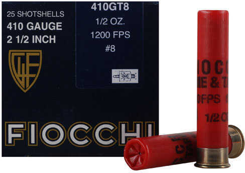 A box of Fiocchi Ammo 410 Gauge 25 Rounds is shown with two red shells in front. Specs: 2 1/2, 1/2 oz, #8 lead shot, 1200 FPS.