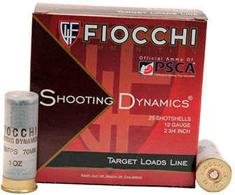 A Fiocchi Ammo box labeled “Fiocchi 12 Gauge Target Load One Ounce Number Eight Shot” with two shotgun shells beside it.
