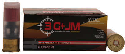 A box of Fiocchi Ammo 12 Gauge Slug Ammunition Seven Eighths Oz Ten Rounds is displayed with two individual shells—one upright and one lying down to show its base.