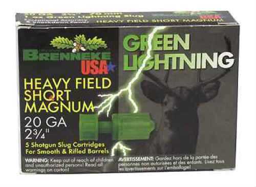 Box of Brenneke 20 Gauge 5 Rounds Ammunition, 2 3/4 1 oz lead slugs, featuring a green cartridge with a lightning bolt and deer silhouette design.