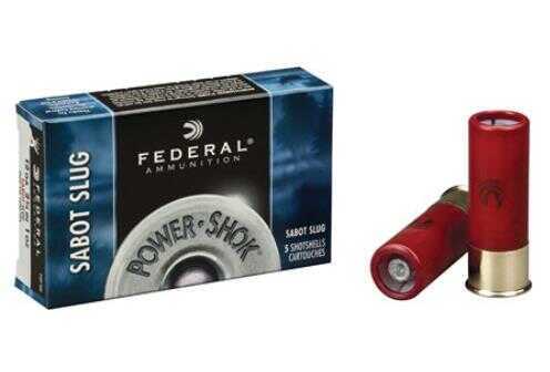 A box of Federal 12 Gauge 5 Rounds Ammunition 2 3/4 1 oz Sabot Slug by Federal is displayed beside two red shells—one upright, one lying down.