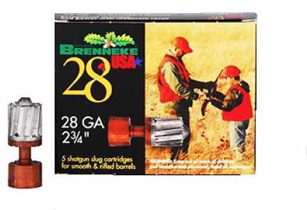 A box of Brenneke 28 Gauge 5 Rounds Ammunition (2 3/4, 3/8 oz Lead #Slug) is shown next to a single slug, featuring hunters in orange gear—a practical choice for small game hunting or home defense.