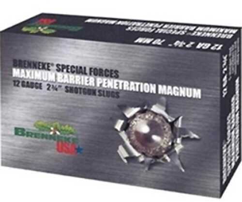 A box of Brenneke 12 Gauge 2 3/4 1 3/8 oz Slug #Slug ammo (5 rounds), featuring bold Brenneke branding and an image of an expanded extra-hard alloy slug on the packaging.