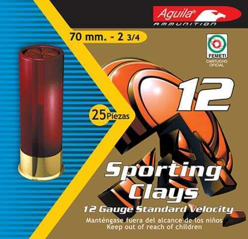 Box of Aguila 12 Gauge 20 Rounds Lead Shot Number Seven Point Five by Aguila, featuring a red shell and detailed safety info on a yellow-orange background. Ideal for your next sporting clays outing.