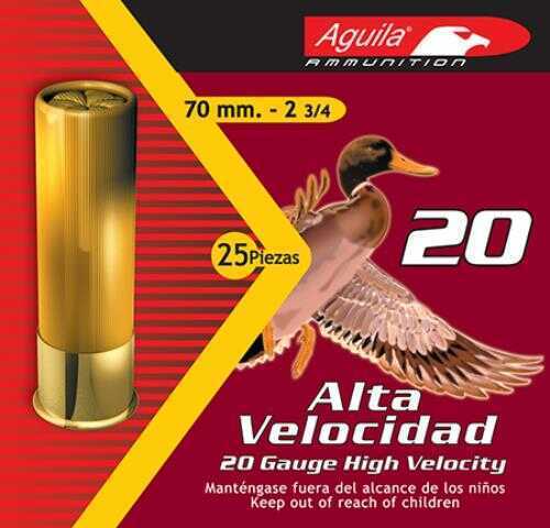 Aguila 20 Gauge 2 3/4 1 oz Lead #6 ammunition, box of 250 rounds. High quality shotgun shells with safety warning: keep out of reach of children.