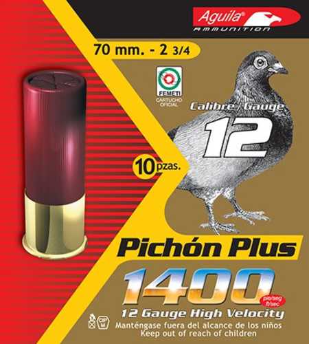 Aguila 12 Gauge 10 Rounds Lead Shot Ammunition One Quarter by Aguila—red shells with bold 12 Caliber and 1400 markings, pigeon graphic, and 10-count box for high-quality hunting ammo.