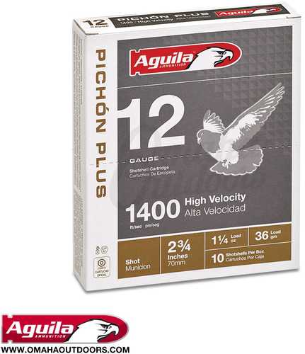 Aguila 12 Gauge 10 Rounds Two Three Quarters Inch Lead by Aguila—1400 fps, 2 3/4, 1 1/4 oz high velocity shotgun shells. Ideal for hunting; box features a bird in flight image. Contains 10 rounds per box.