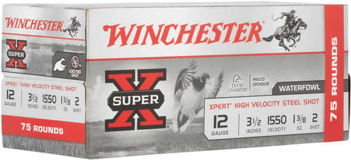 A box of Winchester 12 Gauge 3 1/2 1 3/8 oz Steel #2 shells, containing 75 rounds, offers reliable ammunition for waterfowl hunting. The red and gray packaging features the Winchester brand for trusted performance.