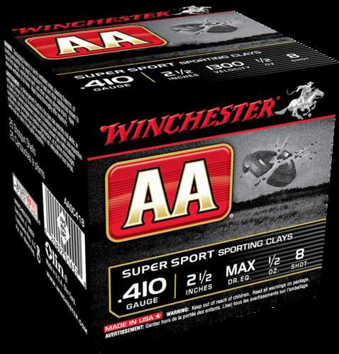 A box of Winchester 410 Gauge 100 Rounds AA Shotshells Number Eight by Winchester, featuring a clay target graphic on the front and detailed product info on the sides.