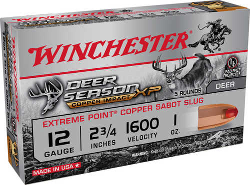 A box of Winchester 12 Gauge Ammo, 5 rounds, 2¾, 1oz copper slug, features deer and hunter images on the packaging.