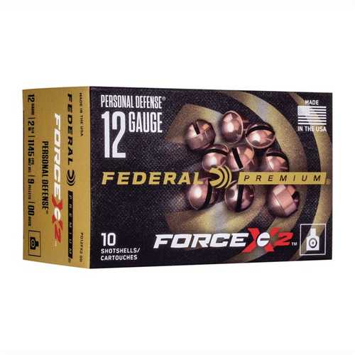 A box of Federal 12 Gauge Buckshot 10 Rounds 2 3/4 Inch by Federal, showing split-shot pellets on the front and labeled with 10 shotshells and Made in the USA.