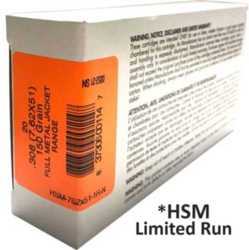 HSM 150 Grain FMJ-BT .308 Winchester Ammunition 20 Rounds