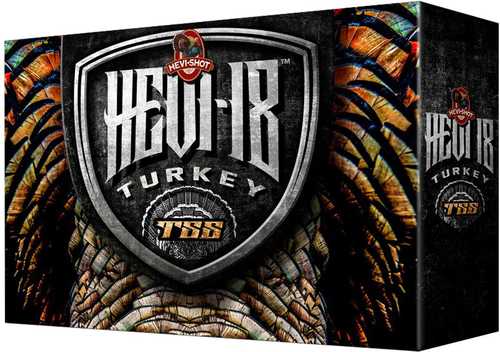 A box of Hevi-Shot - Environ Metal 12 Gauge 3 1/2 #9 turkey shells, 5 rounds per box, featuring a feather and shield design—perfect for dedicated turkey hunters.