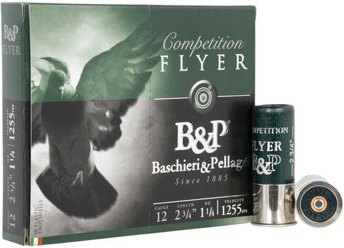A box of Baschieri & Pellagri B P Flyer 12 Gauge 2.75in 1 1/4oz Lead 1255fps #8 Shot is shown, featuring a bird in flight and two shells—perfect for pigeon hunting.