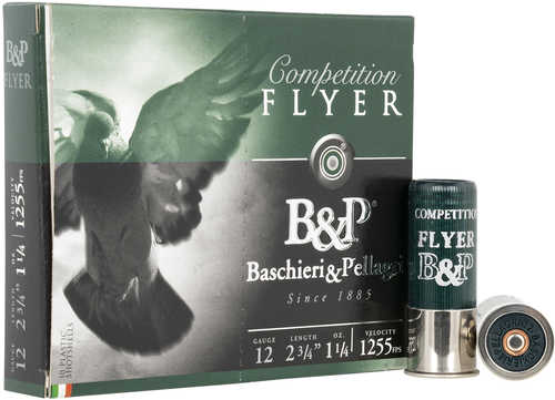 A box of Baschieri & Pellagri B P Flyer 12 Gauge Shotshells (1 1/4 Oz, 1255 FPS, #7.5, 100 rounds), with one shell upright and one on its side; the green box shows a flying bird—ideal for pigeon hunting.