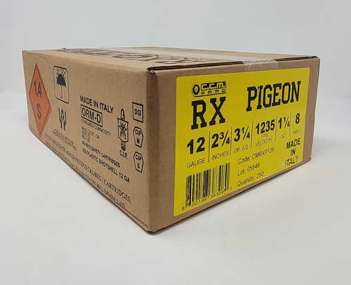 A Clever Rx Pigeon 12 Ga. 1 1/4 Oz 3 #8 shotshells box (250 rounds), labeled yellow with measurements, warnings, and hazard symbols. Made in Italy.