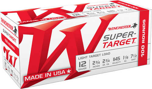 Winchester Super Target Light 12 Gauge, 1/8 oz, 100 rounds—ideal for target shooting. Comes in a red and white box marked with product info and Made in USA.
