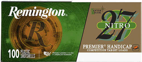 A box of Remington Premier Nitro 27 12 Gauge Target Load 2.75 Inch shotshells, featuring green and brown packaging with “100 plastic shotshells,” “competition target loads,” and the Remington logo.