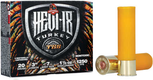 A box of Hevishot Hevi-18 Turkey TSS 20 Gauge 3 1 1/2 oz #7 shot shells by Hevi-Shot - Environ Metal is shown beside two yellow shells. The box notes the 3-inch length, #7 shot size, and a velocity of 1250 FPS.