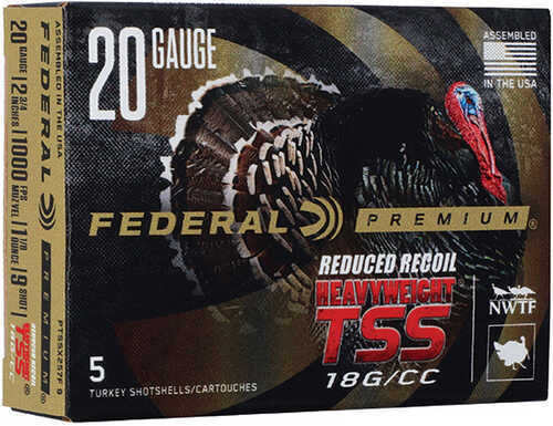 Federal Premium Heavyweight TSS 20 Gauge 2 3/4 1-1/8 oz #9 Shot Ammo, 5-round box by Federal, features Reduced Recoil Heavyweight TSS with Tungsten Super Shot for superior turkey hunting performance. Bold packaging displays turkey image and product details.