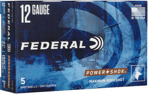 A blue box of Federal Power-Shok Max Buck 12 Gauge 2 3/4 ammo by Federal, featuring 16 pellets per shotshell and 5 rounds per box, with clear branding and a white deer iconāideal for hunters seeking reliable performance.