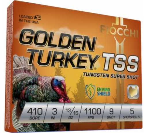 Fiocchi Ammo Golden Turkey TSS .410 Gauge 3 13/16oz #9 offers five tungsten hunting shotshells per box, each loaded to 1100 fps. Packaging features a wild turkey graphic with an orange background.