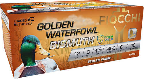 The Fiocchi Ammo Golden Waterfowl Bismuth 12 Gauge 3 Inch 6 Shot box displays a mallard duck, specs (1 3/8 oz, 1450 fps high velocity, dense patterns), holds 10 shells, and features the EnviroShield logo.