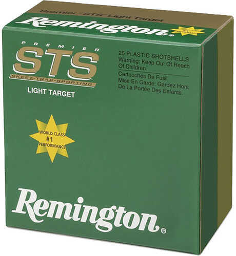 A green box of Remington Premier STS 12 gauge 2-3/4 inch 1 1/8 oz. 8 Shot shotshells, Model 20242, with gold and white text; contains safety warnings and highlights “World Class #1 Performance” and reloading suitability. Box holds 250 rounds.