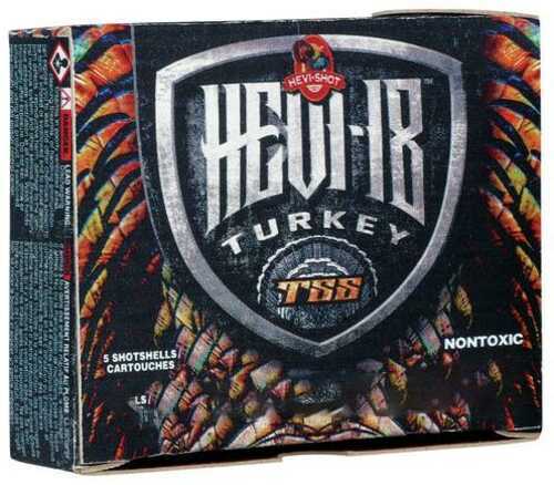 A box of HEVI Hs7289 TKY HEVI18 TSS 28 3In shotshells from Hevi-Shot - Environ Metal, featuring a shield logo, turkey feather background, and text stating 5 nontoxic shotshells and HEVI-SHOT branding.