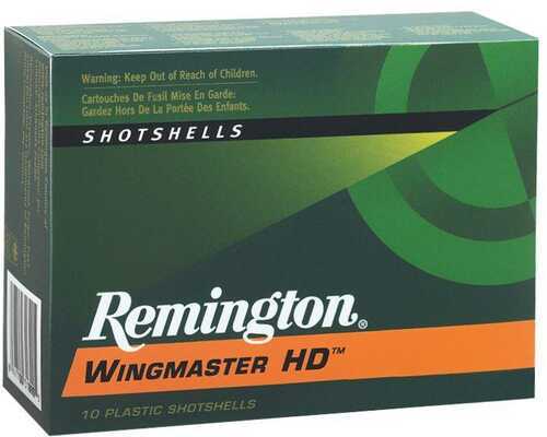 A green box of Remington Wingmaster 12 Gauge Shotshells, 2 3/4 inch, 1 1/4 oz, features branding and safety warnings. Contains 10 plastic shotshells for duck and goose hunting.