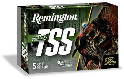 A box of Remington 28069 Premier TSS 410 Gauge 3 shells, featuring wild turkey imagery. Contains 5 plastic Tungsten shot shells (7/8 oz, #9 shot, 1100 fps). Box displays Remington branding and product details.
