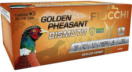 A box of Fiocchi Ammo Pheasant Bismuth 12ga Shotshells One Quarter Ounce features a pheasant image, product details, and labels including Loaded in the USA, Enviro Shield, and specs for 12 gauge, 2¾, 1¼ oz, 1400 FPS, #4 shot, 10 shells.