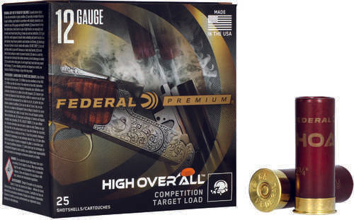 Box of Federal Premium High Over All 12 Gauge 2.75 Inch 1 Oz shotgun shells by Federal, shown with two red 7.5 Shot shells—one standing upright and one lying down—beside the box.