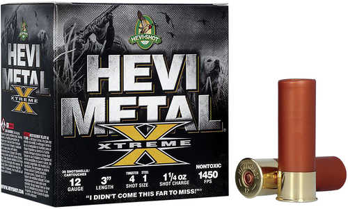 A box of Hevi-Shot - Environ Metal HEVI Shot Metal Xtreme Waterfowl 12 Gauge 3 Inch Shells is shown with two shells, featuring bold branding, hunting graphics, and Steel Tungsten Shot details on the packaging.