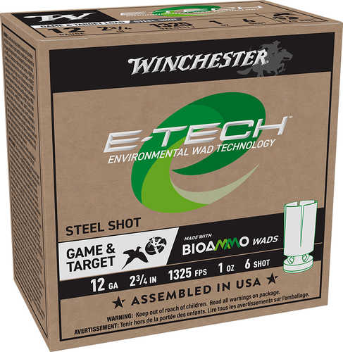 The Winchester E Tech 12 Gauge 2.75 Inch 1 Oz #6 Shot (25 Box) features bioammo wads and environmental technology, designed for game and target use, with 1325 FPS steel shot. Brand: Winchester.
