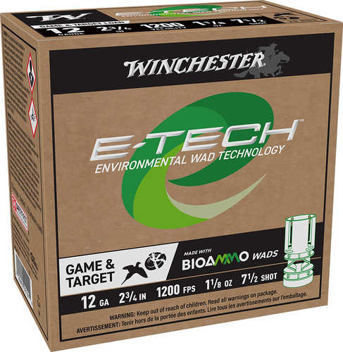 A box of Winchester Etech 12 Gauge Shotshells, 2.75in, 7.5 shot, 25 count by Winchester, featuring Environmental Wad Technology and BioAmmo Wads—ideal for game and target shooting.