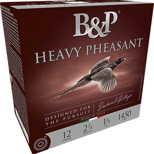 A box of Baschieri & Pellagri BP Heavy Pheasant 12 Gauge Shotgun Loads, 3 inch, 1 5/8 oz, ideal for long-range shooting and featuring a flying pheasant image on the packaging.