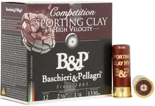 A box of Fiocchi Sporting Target 12 Gauge Shells One Eighth Ounce by Fiocchi Ammo, featuring white and gold text on burgundy packaging, with one shell upright and another lying down—ideal for sporting target events.
