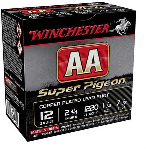 A box of Winchester AA Super Pigeon 12 Gauge 2 3/4 Inch Shotshells (25 rounds) features #7.5 shot, copper-plated lead, 1-1/4 oz, and 1220 velocity, with clear Winchester branding and product details displayed.