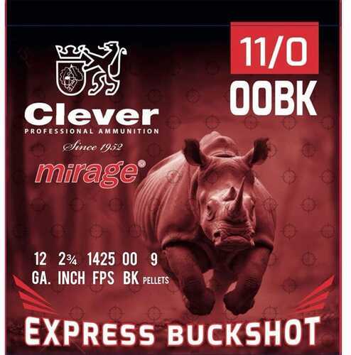 Clever Express 00 Buckshot 12 Gauge Shotgun Ammo, 250 Rounds—2 3/4 inch shell, 1425 FPS, 9 pellets. Bold red and black box features a charging rhinoceros. Brand: Clever.