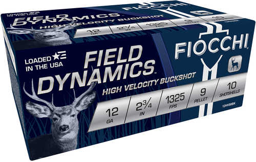 A blue and white box of Fiocchi Ammo Field Dynamics 12 Gauge 00 Buck Shot holds 10 shotshells, each 2 3/4, with a deer image, 1325 FPS velocity, and 9 pellets per shell.