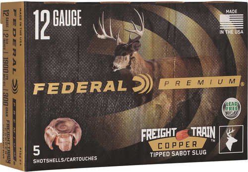 Federal Premium Freight Train 12 Ga 2 3/4 SlugShot, lead-free, made in the USA by Federal, features copper tipped sabot slugs with deer and slug imagery on box. Contains 5 shells per box.
