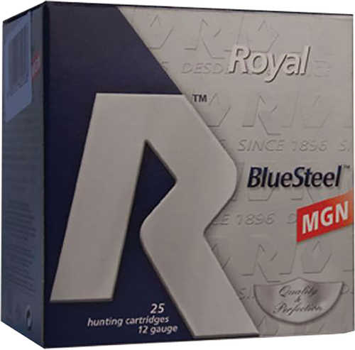 A box of Rio Royal BlueSteel 12 Gauge 3 Inch 1ā
 oz #4 lead-free shells by Rio Ammunition contains 25 cartridges in blue and gray packaging with bold lettering and a large stylized āRā on the front.