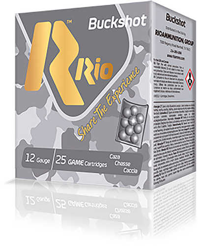 A box of Rio Ammunition Royal Buck 12 Gauge buckshot ammo contains 25 shotgun rounds for hunting, packaged with the yellow Rio logo and a gray camo design.