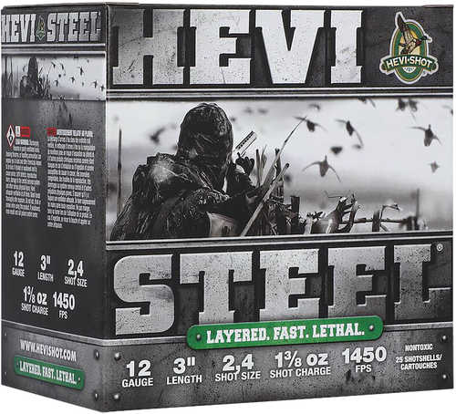 A box of HEVI Steel Waterfowl 12 Gauge Shells (3, 1 3/8 oz, Size 2, 1450 FPS) by Hevi-Shot - Environ Metal, features a camouflaged hunter and flying birds on the label.