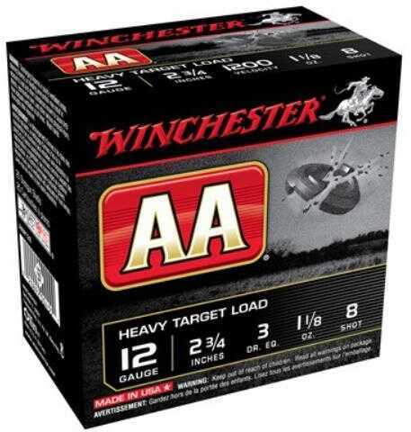 A box of Winchester 12 Gauge 250 Rounds Ammunition contains 2 3/4 shells with 1 1/8 oz lead #8 shot. The packaging features the Winchester brand.