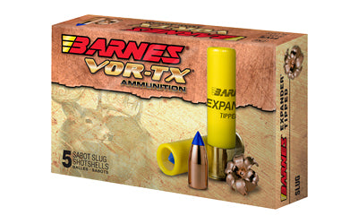 A box of Barnes VOR-TX 20 Gauge 3 250 Grain Slug Shotshells (5 rounds, model 20739) shows a yellow shell, an expanded slug, and a blue-tipped projectile on tan packaging. Brand: Barnes.