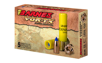 A box of Barnes VOR-TX 20 Gauge 2.75 250 Grain Slug Shotshells (5 rounds, #20735), featuring yellow shells and saboted slugs by Barnes.