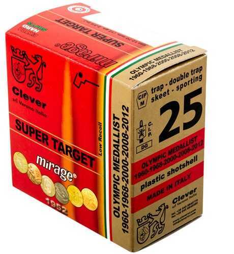 A box of Clever 12 Gauge 2 3/4 ammunition, 1 oz lead #7 1/2, 250 rounds. The mainly red and brown box features black and gold details with medals and text for trap, skeet, and sporting events.