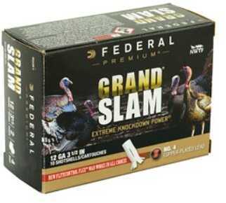 Federal Grandslam 12 Gauge Turkey Load by Federal, featuring 2 oz of #4 shot for hunting. The box displays wild turkey images and promotes Extreme Knockdown Power. Suitable for use with 3 1/2 inch shotgun shells.